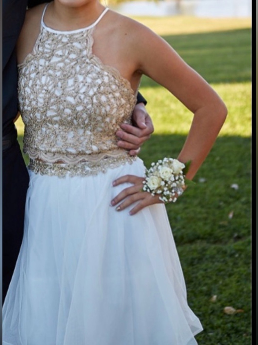 Sequin Hearts 2 piece White Dress with Gold Beaded Lace